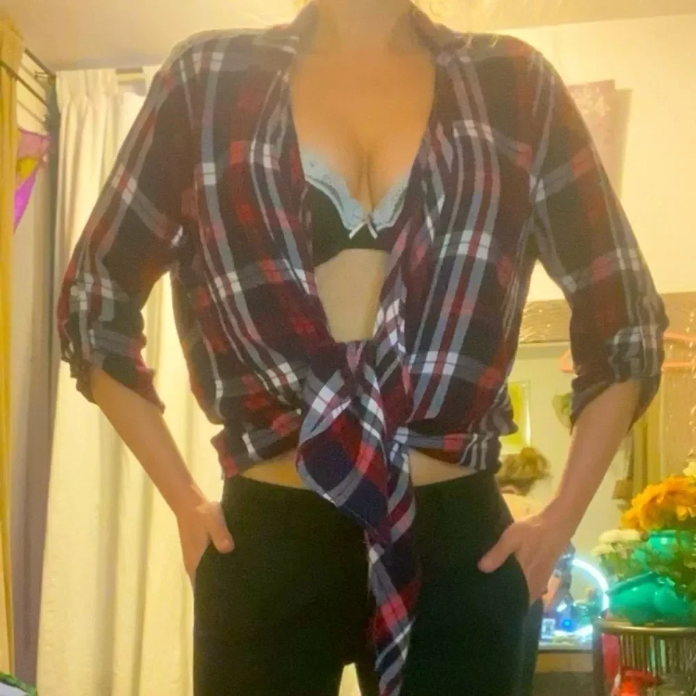 Red & Black Flannel White Crochet Lace  Back Tie Front Cardigan - Picture 5 of 5